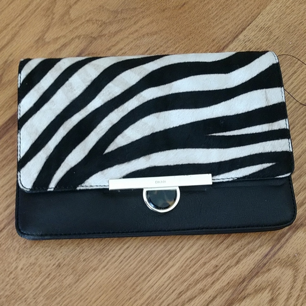 CHOCOLATE BROWN "Zebra"  stripe Calf Fur LEATHER DKNY DESIGNER clutch NWOT